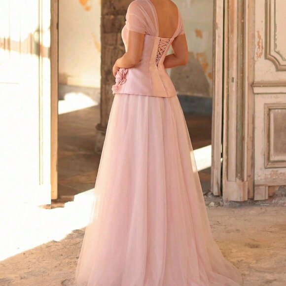 Pink Elegant Women's Satin Mesh Patchwork 3D Floral A-Line Evening Gown - Picture 2 of 6